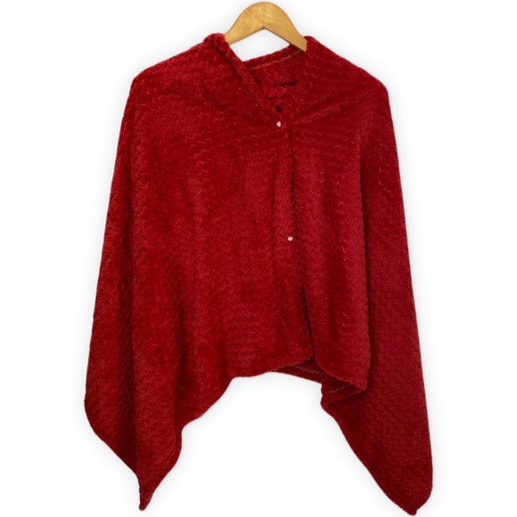 Red Knitted Versatile Shawl V-Neck Poncho Button Sweater Cape - Picture 2 of 7